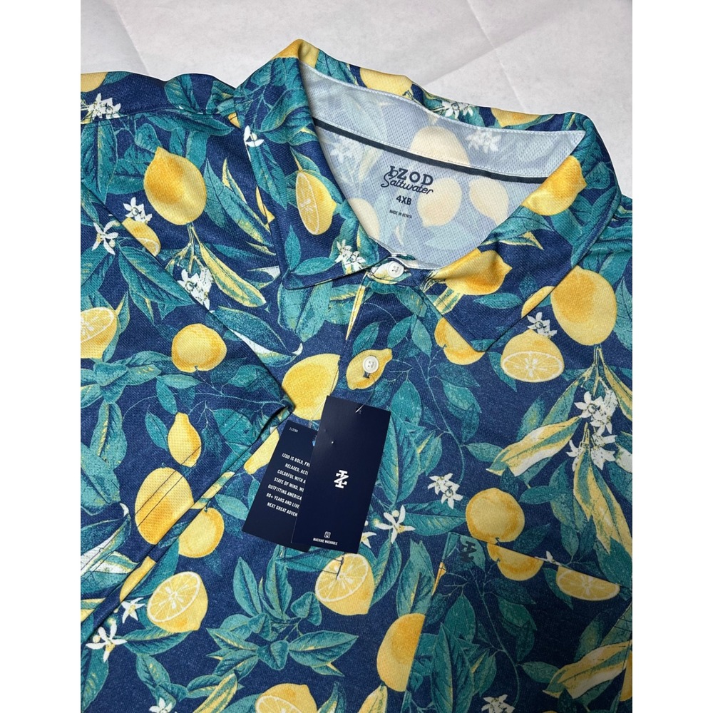 IZOD Saltwater Men 4XB Blue Lemon Print Sunshield Polo Shirt Big & Tall NWT